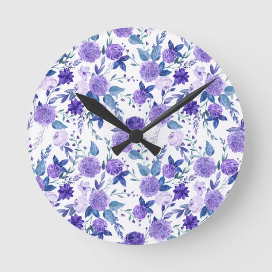 Elegant Lila Lilac Floral On White Runde Wanduhr (Vorderseite)