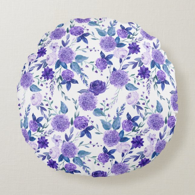 Elegant Lila Lilac Floral On White Rundes Kissen (Vorderseite)