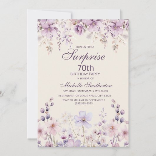 Elegant Lila Lilac Wasserfarbe Floral 70. Einladung (Vorderseite)