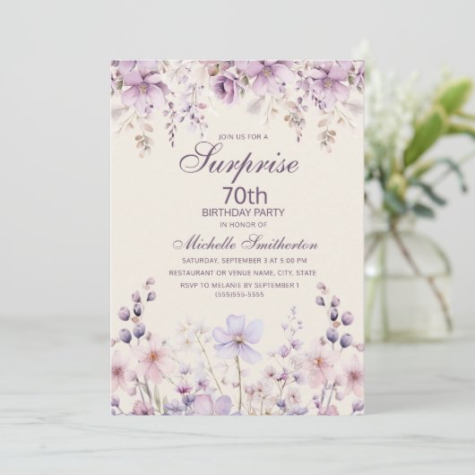 Elegant Lila Lilac Wasserfarbe Floral 70. Einladung (Stehend Vorderseite)