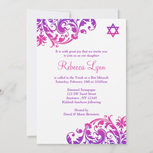 Elegant Lila Pink Blüh Bat Mitzvah Einladung (Vorderseite)