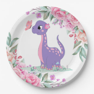 Elegant Lila Pink Dinosaur Butterfly Baby Dusche Pappteller