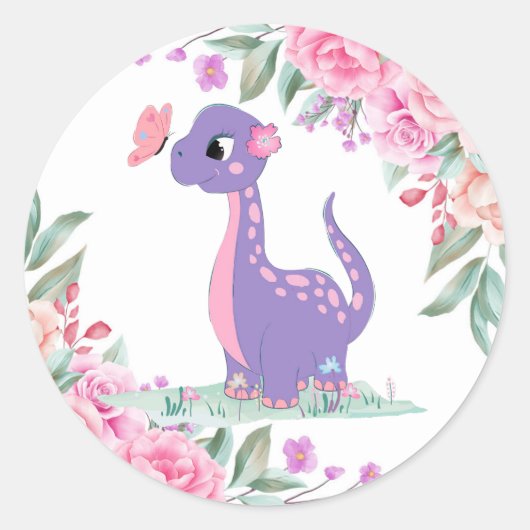 Elegant Lila Pink Dinosaur Butterfly Baby Dusche Runder Aufkleber (Vorderseite)