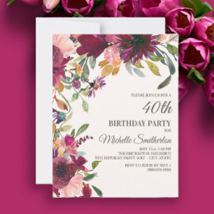 Elegant Lila Rosa Gold Blumen 40. Geburtstag Einladung