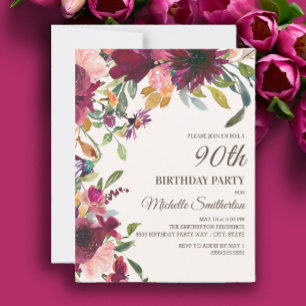 Elegant Lila Rosa Gold Blumen 90. Geburtstag Einladung