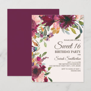 Elegant Lila Rosa Gold Blumen Schrift Süße 16 Einladung