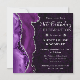 Elegant Lila Silber Glitter Achat 21. Geburtstag Einladung