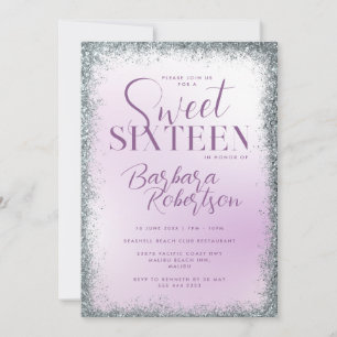 Elegant Lila Silber Glitter Schrift Sweet Sixteen Einladung