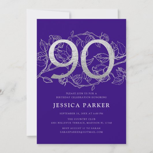 Elegant Lila Silver 90. Geburtstag Einladung (Vorderseite)