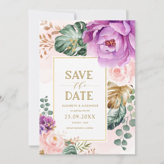 Elegant Lila tropische Flora blush Einladung (Vorderseite)