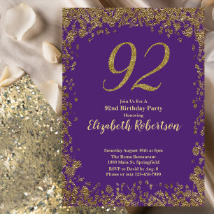 Elegant Lila und Gold 92. Geburtstag Einladung