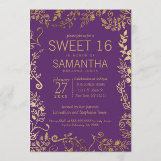 Elegant Lila und Gold Blumen Sweet 16 Einladung