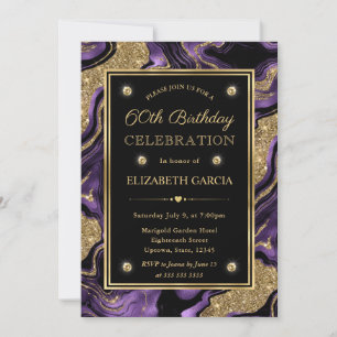 Elegant Lila und Gold Glitter Achat 60. Geburtstag Einladung