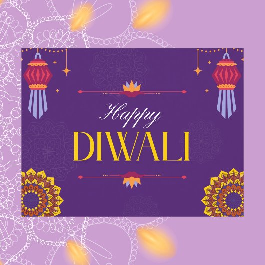 Elegant Lila und Gold Lanterns Happy Diwali Postkarte