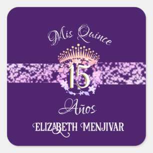 Elegant Lila und Gold Quinceñera Spanisch Quadratischer Aufkleber