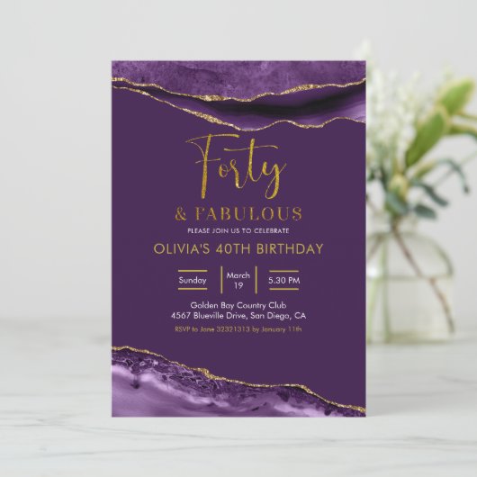 Elegant Lila und Gold Vierzig und vornehm Einladung (Stehend Vorderseite)