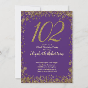 Elegant Lila und Gold zum 102. Geburtstag Einladung