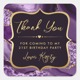 Elegant lila und goldener Glitter-Achat-Geburtstag Quadratischer Aufkleber