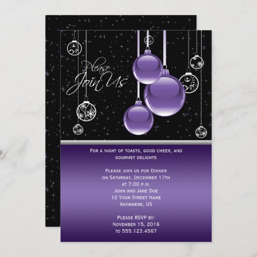 Elegant Lila und Silber auf schwarzem Party Einladung (Vorne/Hinten)