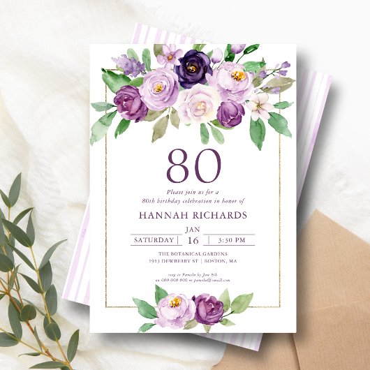 Elegant Lila | Violet Floral 80. Geburtstag Einladung