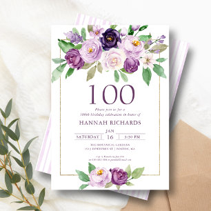 Elegant Lila Violetflora 100. Geburtstag Einladung