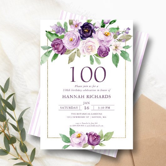 Elegant Lila | Violetflora 100. Geburtstag Einladung