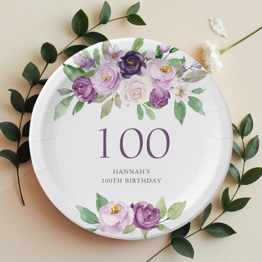 Elegant Lila | Violetflora 100. Geburtstag Pappteller
