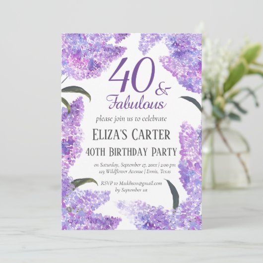 Elegant Lilac 40. Wildblume Geburtstag Einladung (Stehend Vorderseite)