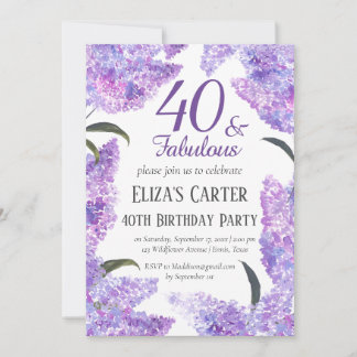 Elegant Lilac 40. Wildblume Geburtstag Einladung