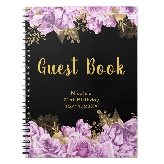 Elegant Lilac and Gold Flowers Birthday Guest Book Notizblock (Vorderseite)