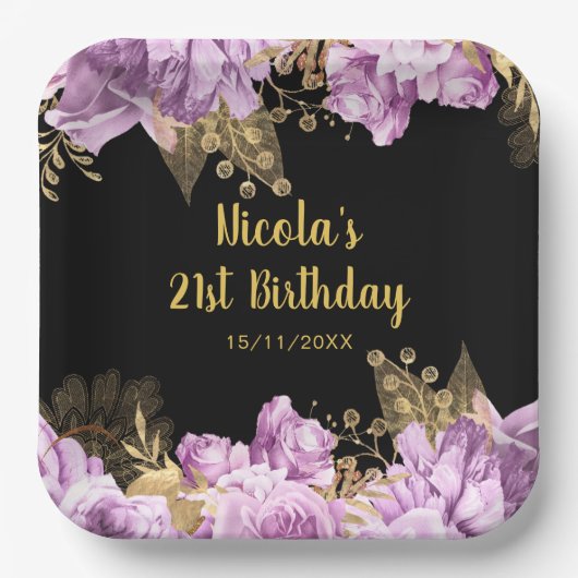 Elegant Lilac and Gold Flowers Birthday Party Pappteller (Vorderseite)