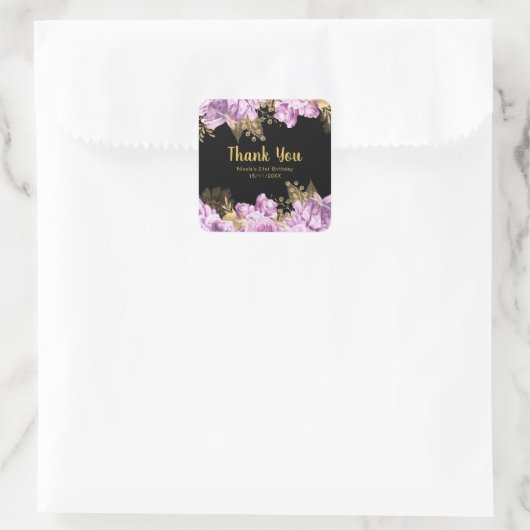 Elegant Lilac and Gold Flowers Birthday Party Quadratischer Aufkleber (Tasche)