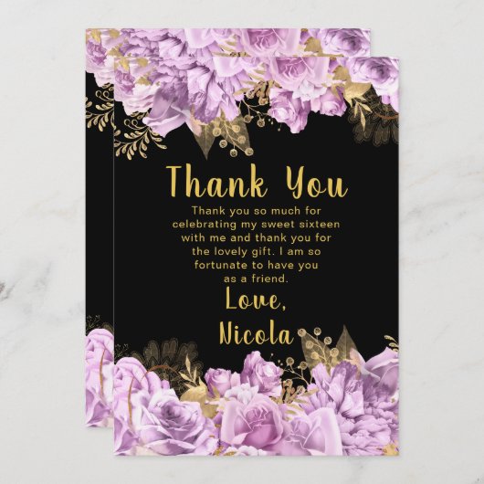 Elegant Lilac and Gold Flowers Sweet Sixteen Dankeskarte (Vorne/Hinten)