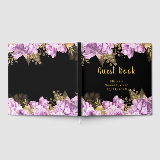 Elegant Lilac and Gold Flowers Sweet Sixteen Gästebuch (Voll)