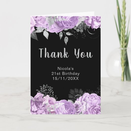 Elegant Lilac and Silver Flowers Birthday Party Dankeskarte (Vorderseite)