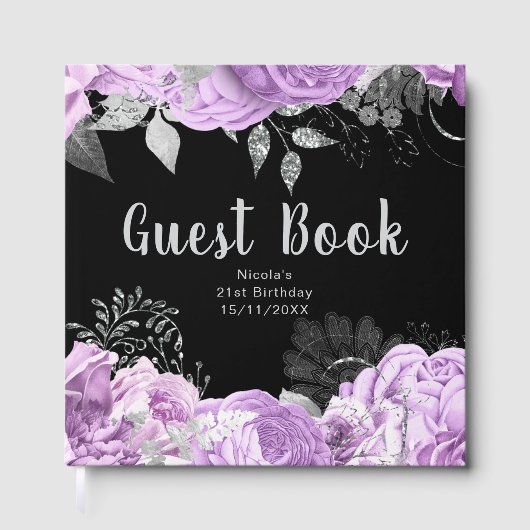 Elegant Lilac and Silver Flowers Birthday Party Gästebuch (Vorderseite)