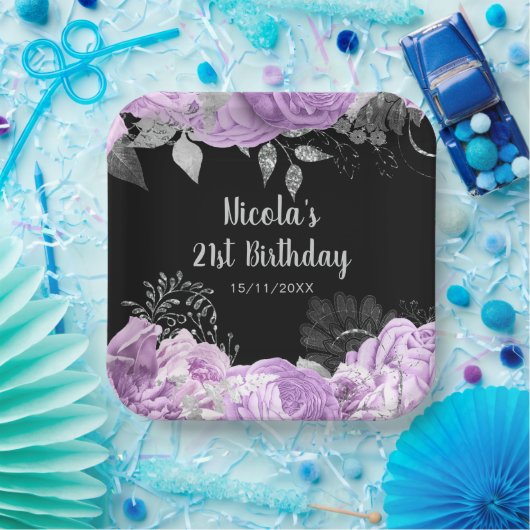 Elegant Lilac and Silver Flowers Birthday Party Pappteller (Party)