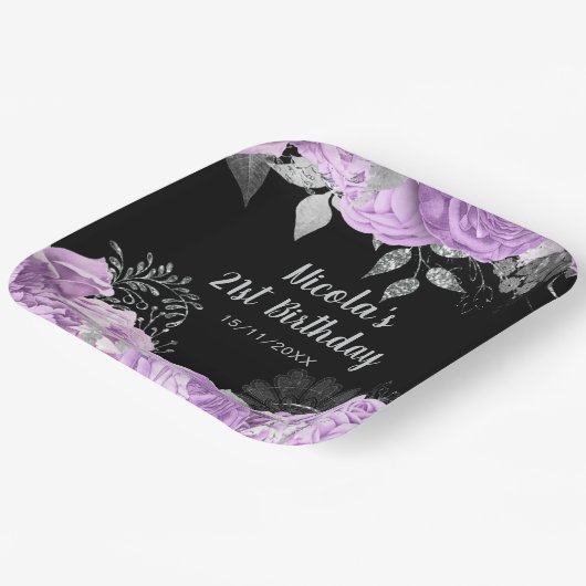 Elegant Lilac and Silver Flowers Birthday Party Pappteller (Gewinkelt)