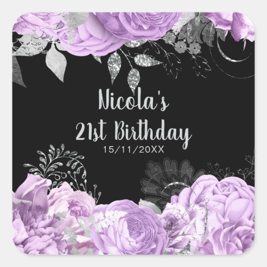 Elegant Lilac and Silver Flowers Birthday Party Quadratischer Aufkleber (Vorderseite)