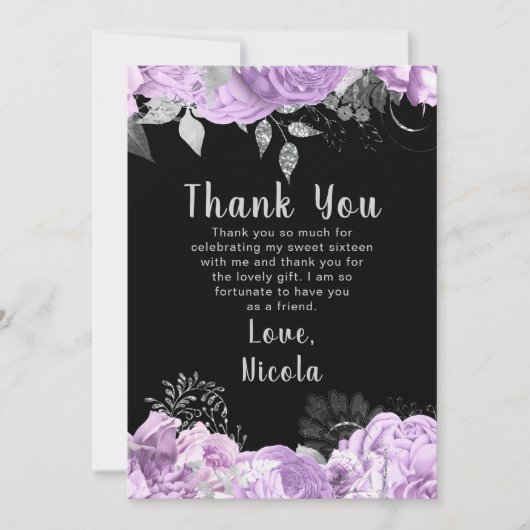 Elegant Lilac and Silver Flowers Sweet Sixteen Dankeskarte (Vorderseite)