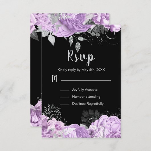Elegant Lilac and Silver Flowers Sweet Sixteen RSVP Karte (Vorne/Hinten)