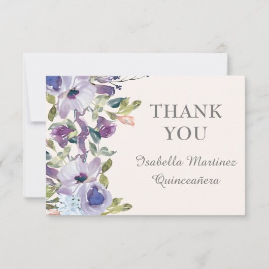 Elegant Lilac Blue Floral Horizontal Quinceañera Dankeskarte (Vorderseite)
