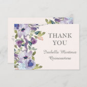 Elegant Lilac Blue Floral Horizontal Quinceañera Dankeskarte (Vorne/Hinten)