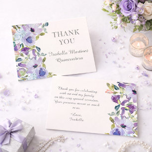 Elegant Lilac Blue Floral Horizontal Quinceañera Dankeskarte