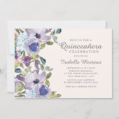 Elegant Lilac Blue Floral Horizontal Quinceañera Einladung (Vorderseite)