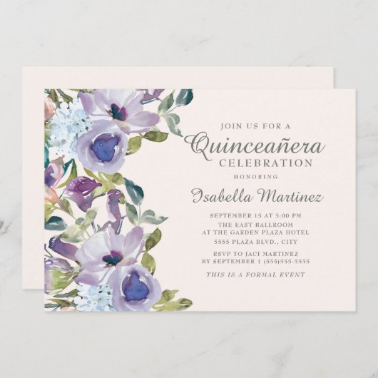Elegant Lilac Blue Floral Horizontal Quinceañera Einladung (Vorne/Hinten)
