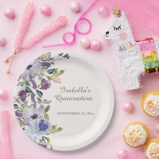 Elegant Lilac Blue Floral Horizontal Quinceañera Pappteller (Party)