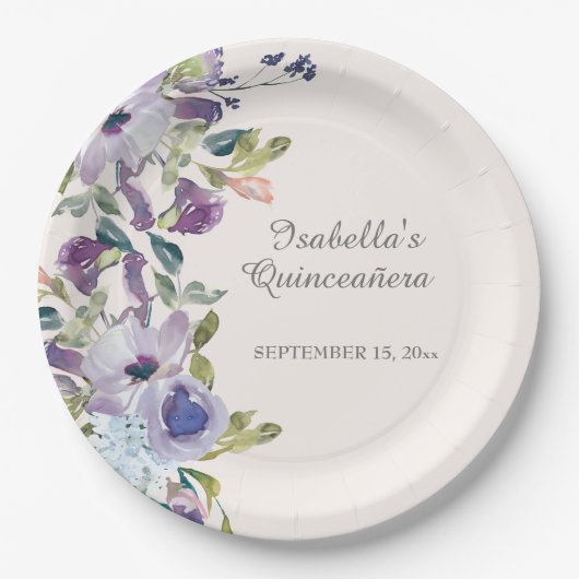 Elegant Lilac Blue Floral Horizontal Quinceañera Pappteller (Vorderseite)