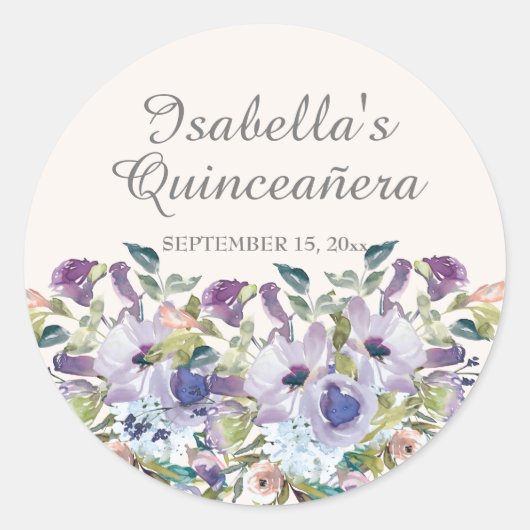 Elegant Lilac Blue Floral Quinceñera Name Datum Runder Aufkleber (Vorderseite)
