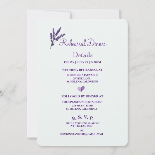 Elegant Lilac Blume Hochzeit Probe Dinner Einladung (Rückseite)